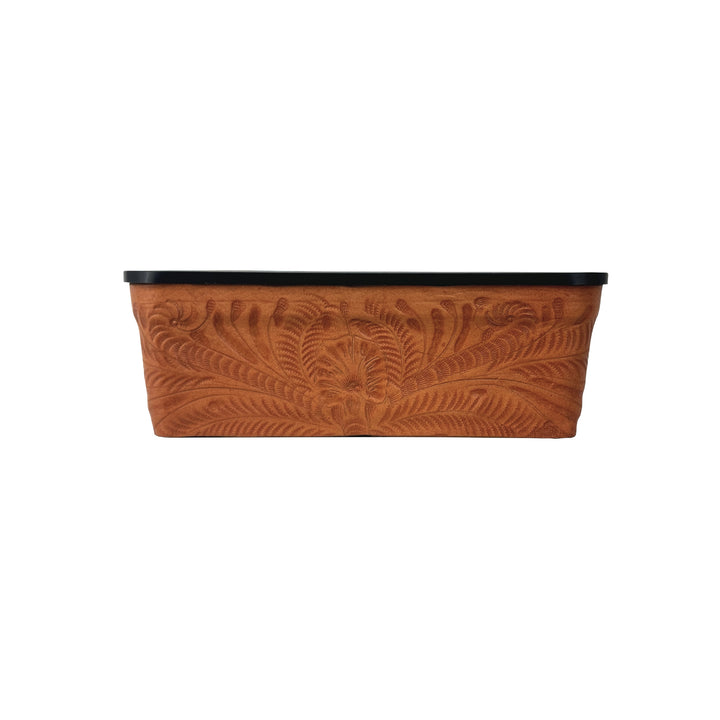 American West at Home ten inch rectangle planter in natural tan with hand tooled leather accents