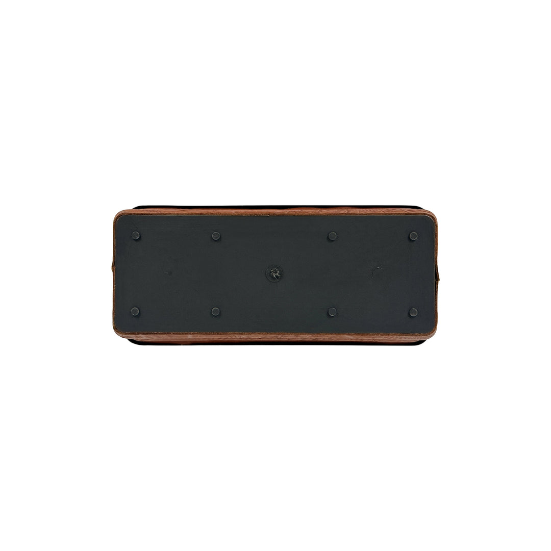 Bottom view of American West at Home ten inch rectangle planter in natural tan with hand tooled leather accents