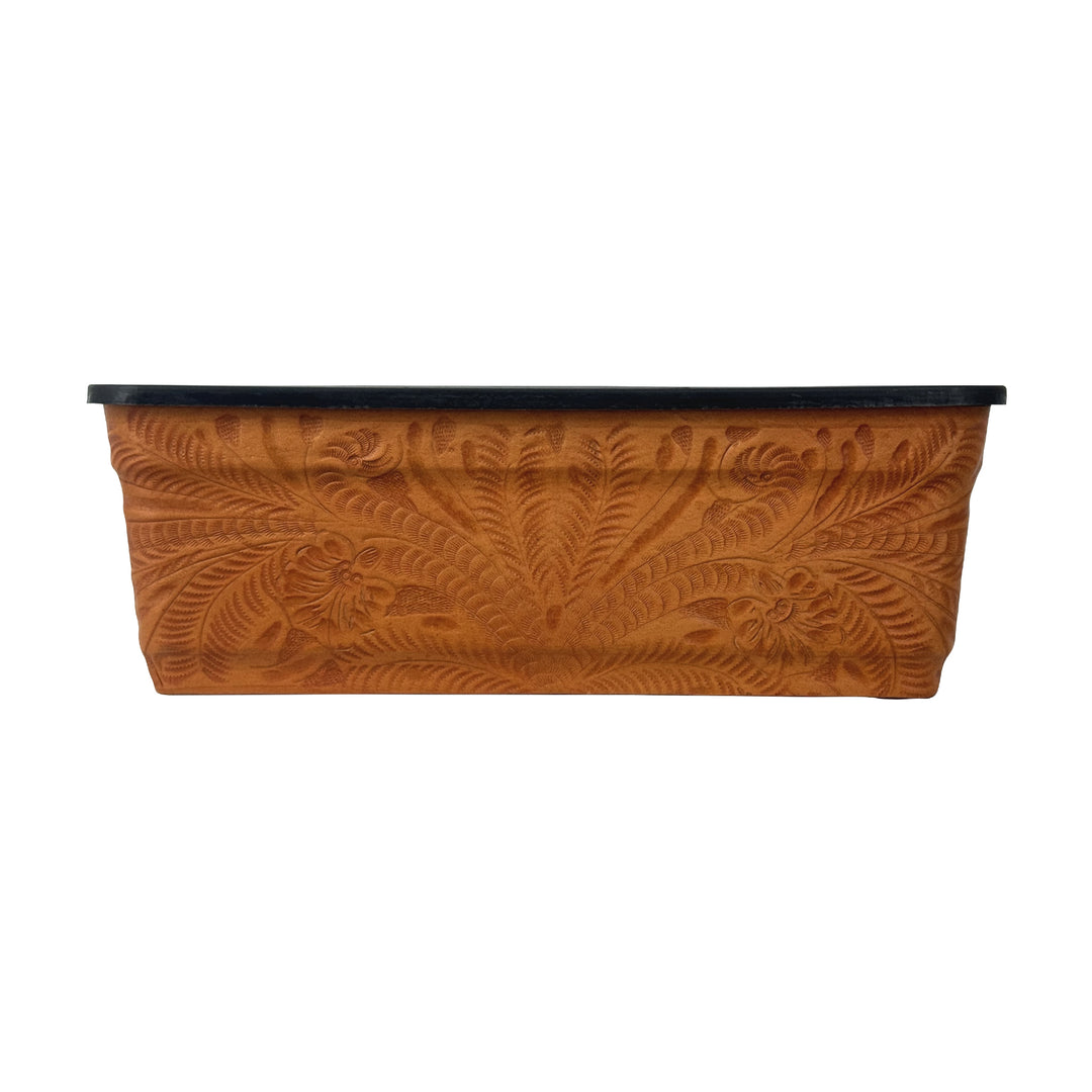 American West at Home fourteen inch rectangle planter in natural tan with hand tooled leather accents