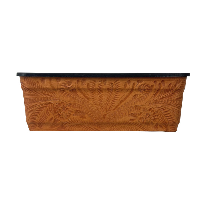 American West at Home fourteen inch rectangle planter in natural tan with hand tooled leather accents