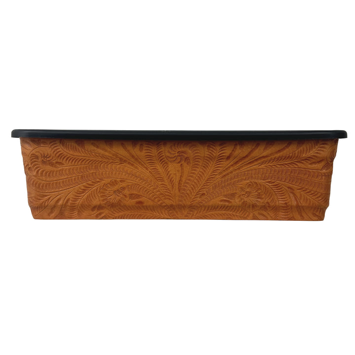 American West at Home eighteen inch rectangle planter in natural tan with hand tooled leather accents