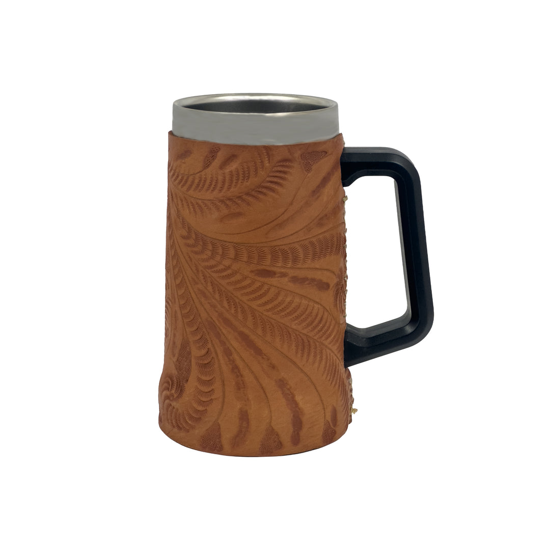 American West at Home insulated beer/beverage mug in natural tan with hand tooled leather accents