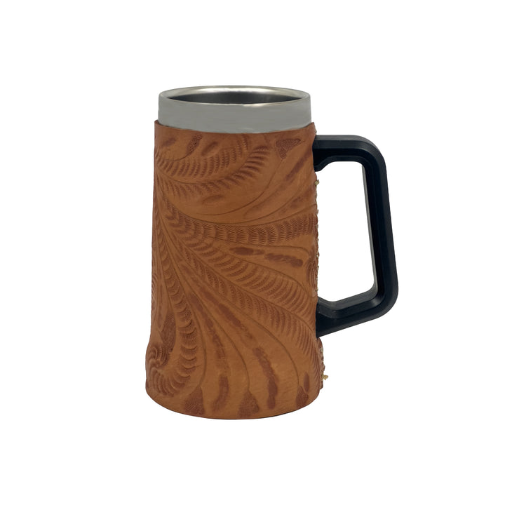 American West at Home insulated beer/beverage mug in natural tan with hand tooled leather accents
