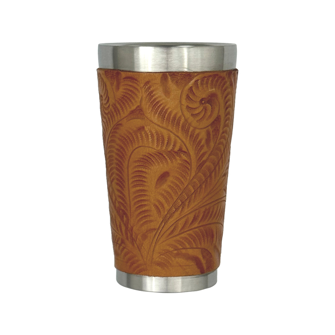 American West at Home insulated stainless steel cup in natural tan with hand tooled leather accents