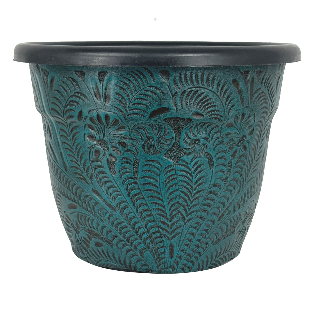 American West at Home ten inch round planter in dark turquoise with hand tooled leather accents