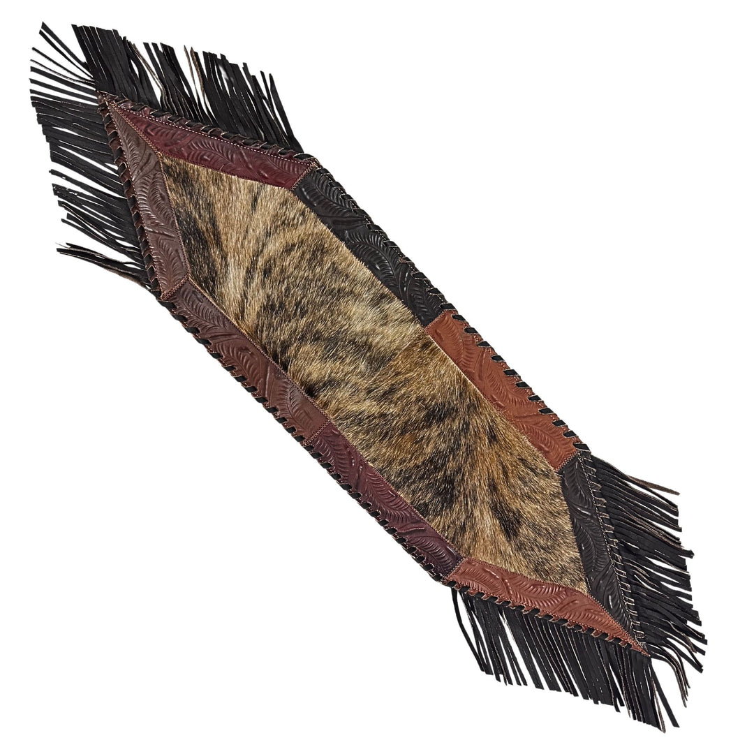 American West at Home fourty-four inch hair-on hide table runner in brindle hair-on with hand tooled leather and fringe accents