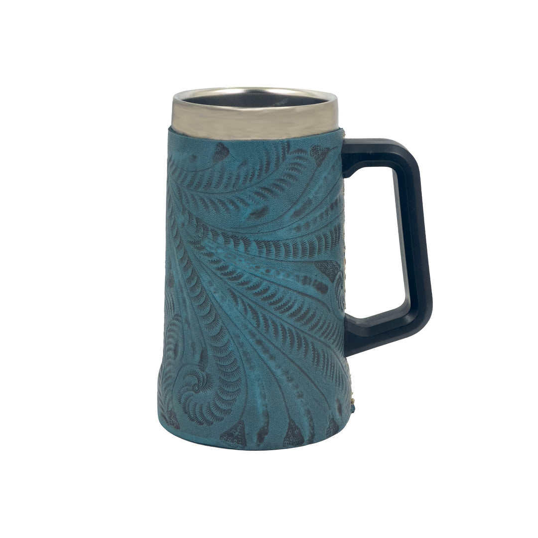 American West at Home insulated beer/beverage mug in denim blue with hand tooled leather accents