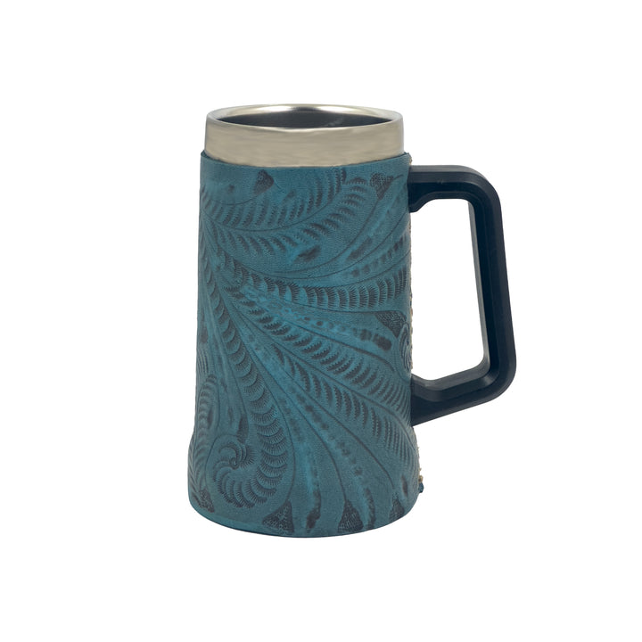 American West at Home insulated beer/beverage mug in denim blue with hand tooled leather accents