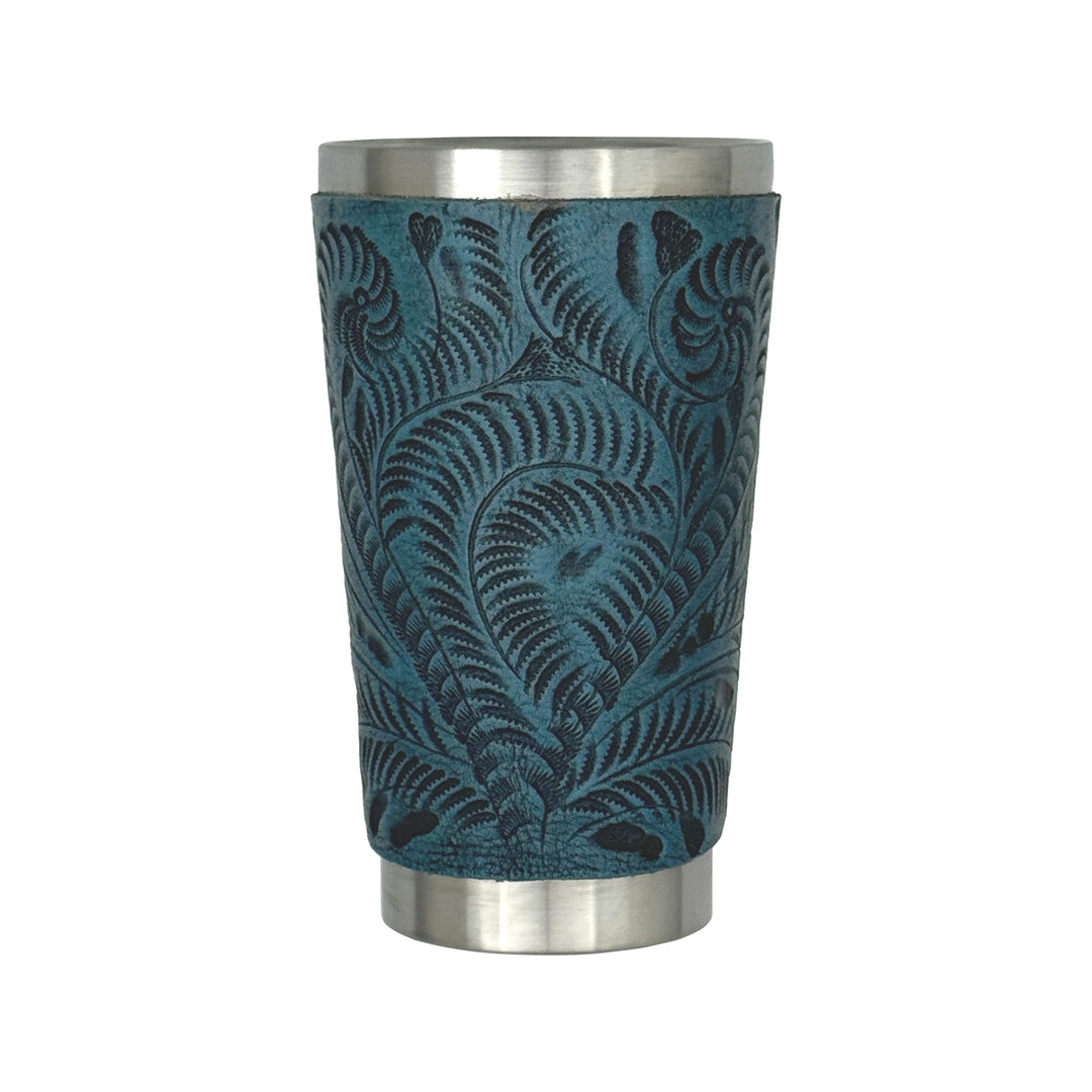 American West at Home insulated stainless steel cup in denim blue with hand tooled leather accents