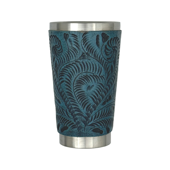 American West at Home insulated stainless steel cup in denim blue with hand tooled leather accents