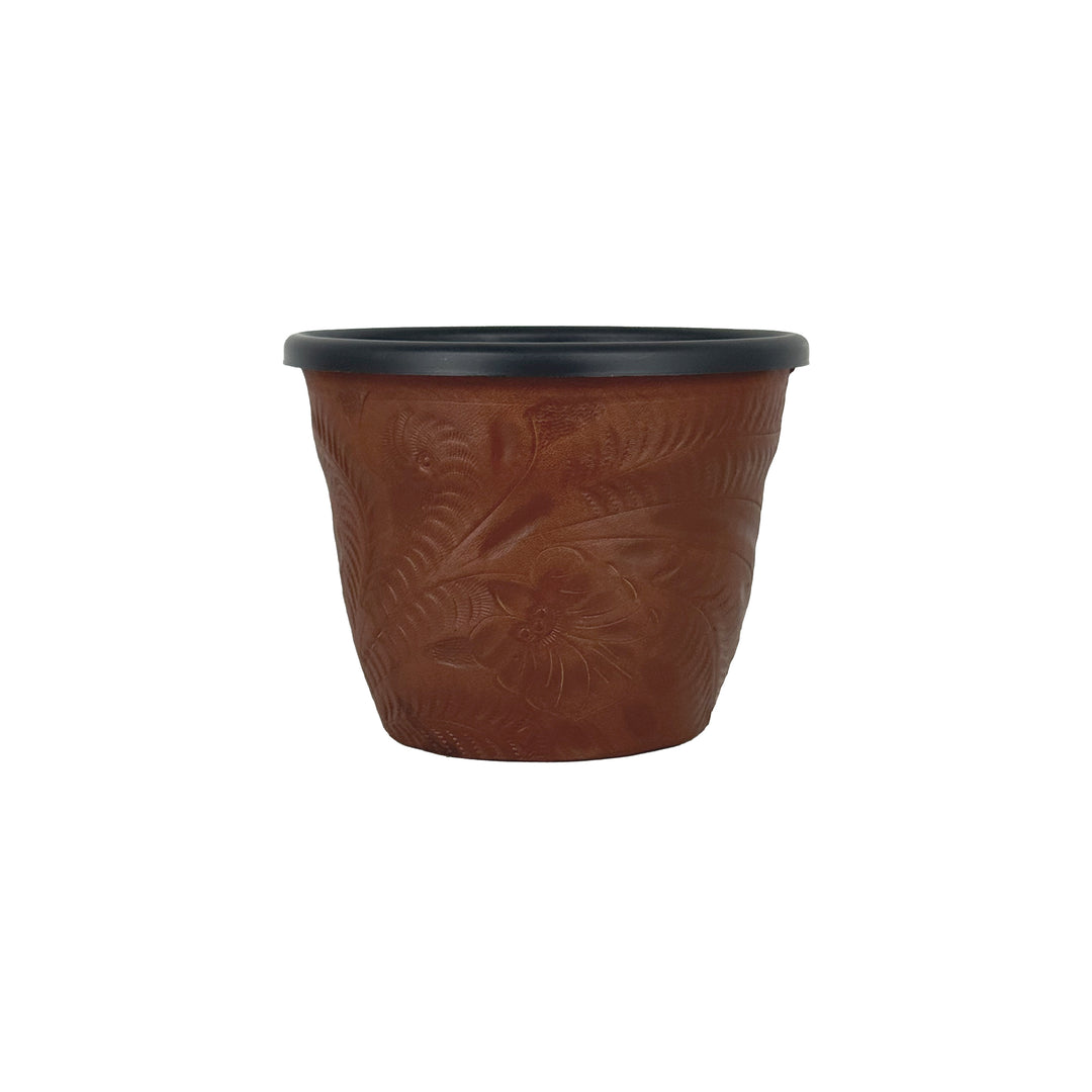 American West at Home six and a half inch round planter in medium brown with hand tooled leather accents