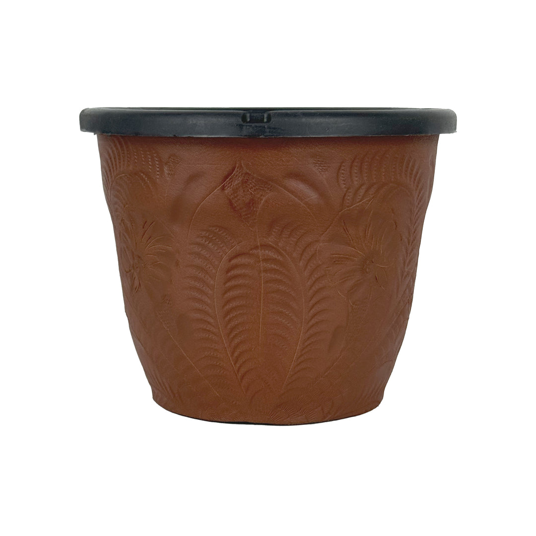American West at Home six and a half inch round planter in medium brown with hand tooled leather accents