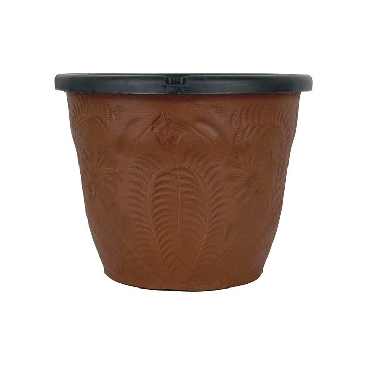 American West at Home six and a half inch round planter in medium brown with hand tooled leather accents