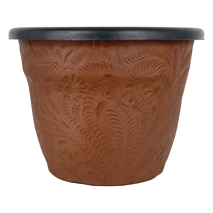 American West at Home ten inch round planter in medium brown with hand tooled leather accents