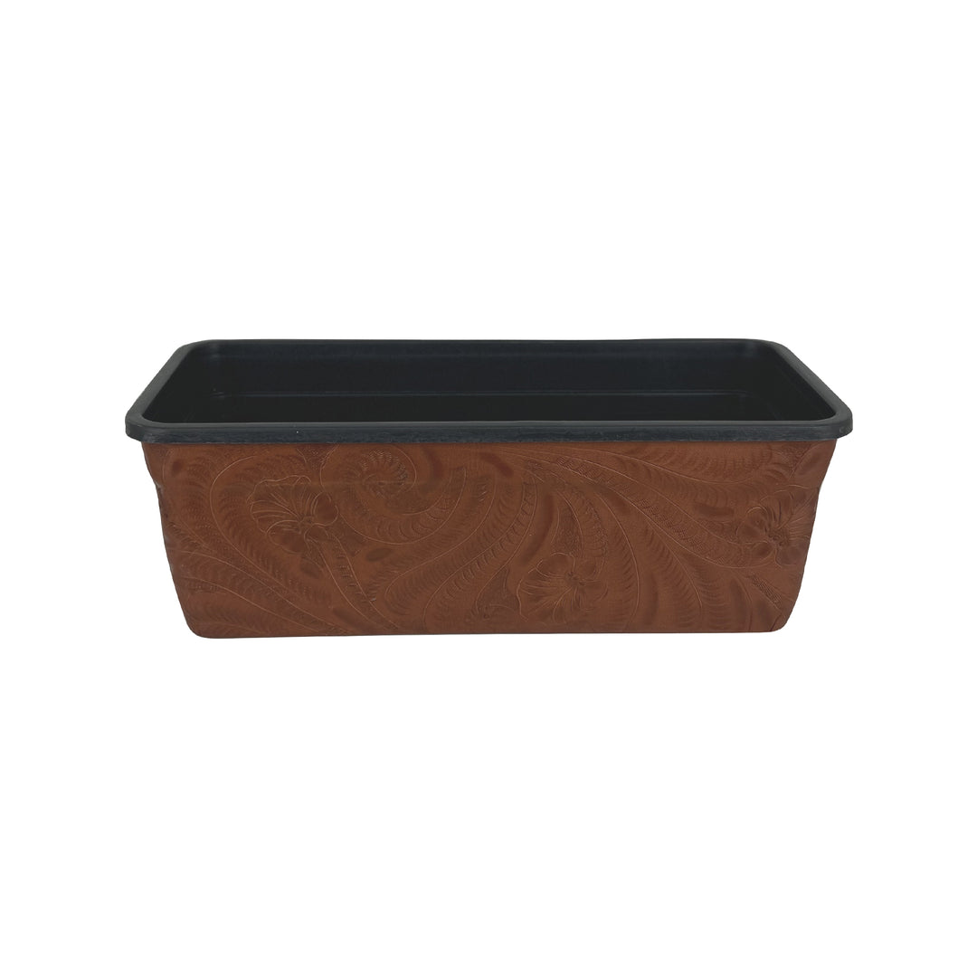 Side view of American West at Home ten inch rectangle planter in medium brown with hand tooled leather accents