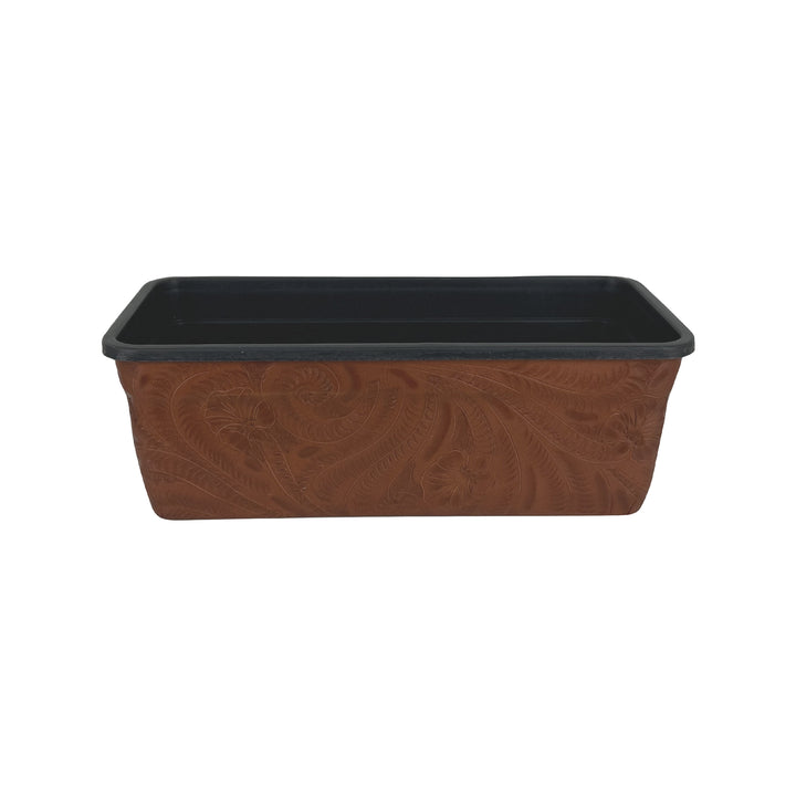 Side view of American West at Home ten inch rectangle planter in medium brown with hand tooled leather accents