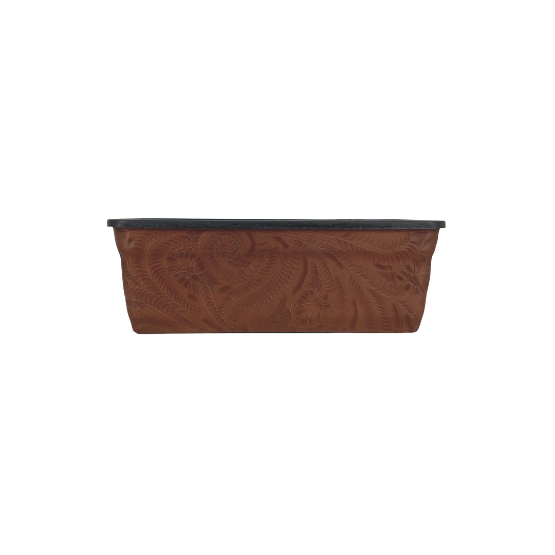 American West at Home ten inch rectangle planter in medium brown with hand tooled leather accents