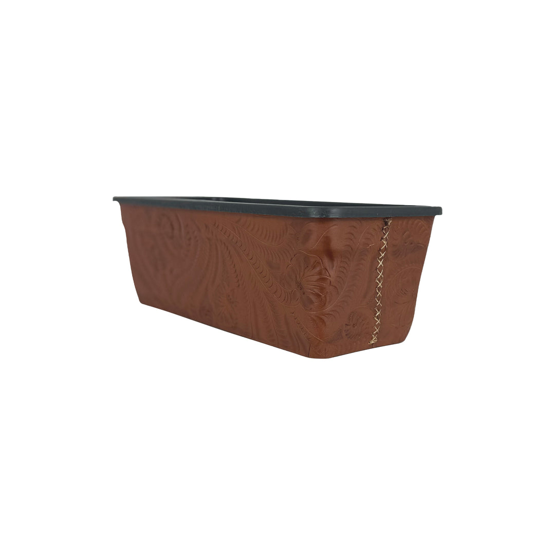 End view of American West at Home ten inch rectangle planter in medium brown with hand tooled leather accents