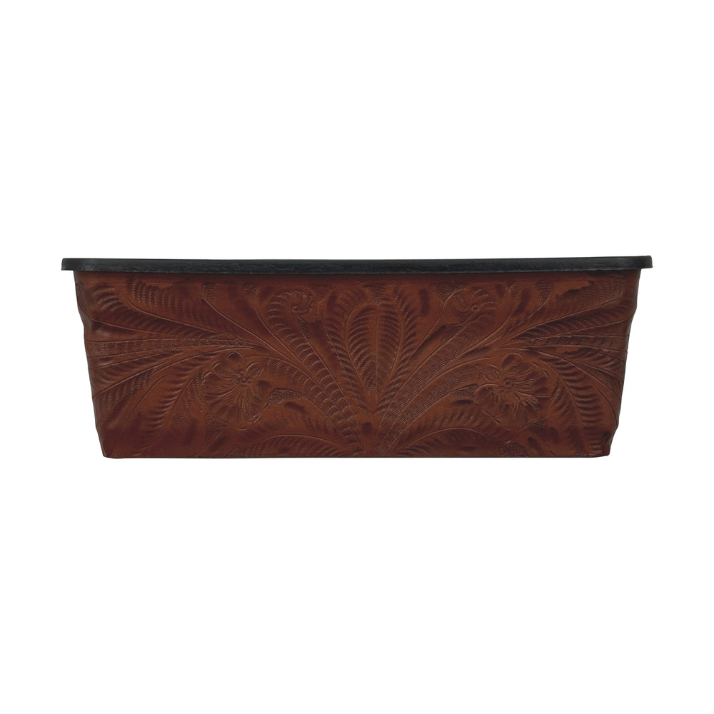 American West at Home fourteen inch rectangle planter in medium brown with hand tooled leather accents