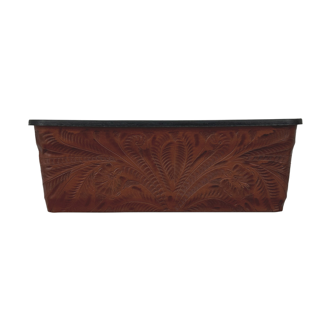 American West at Home fourteen inch rectangle planter in medium brown with hand tooled leather accents