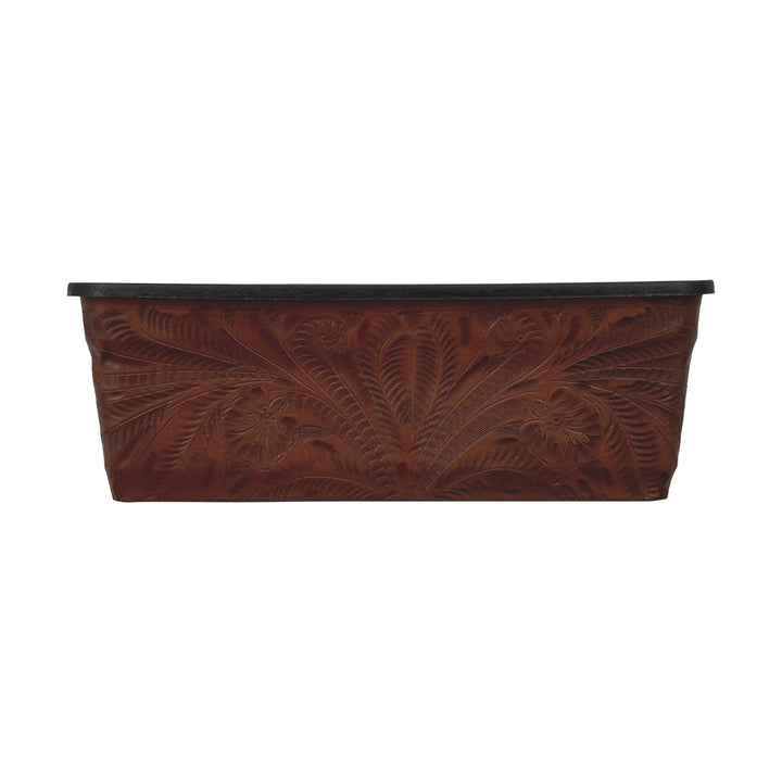 American West at Home fourteen inch rectangle planter in medium brown with hand tooled leather accents