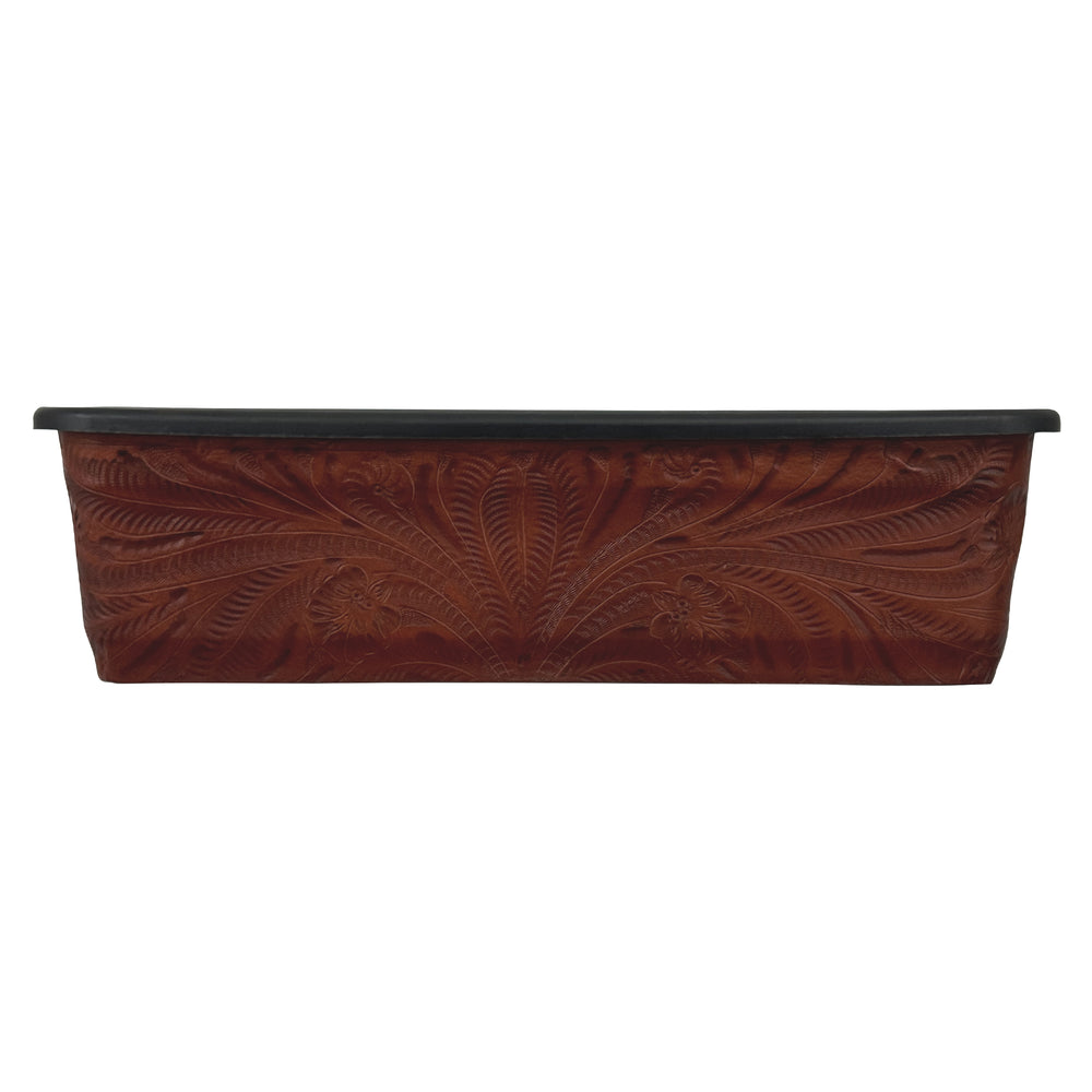 American West at Home eighteen inch rectangle planter in medium brown with hand tooled leather accents