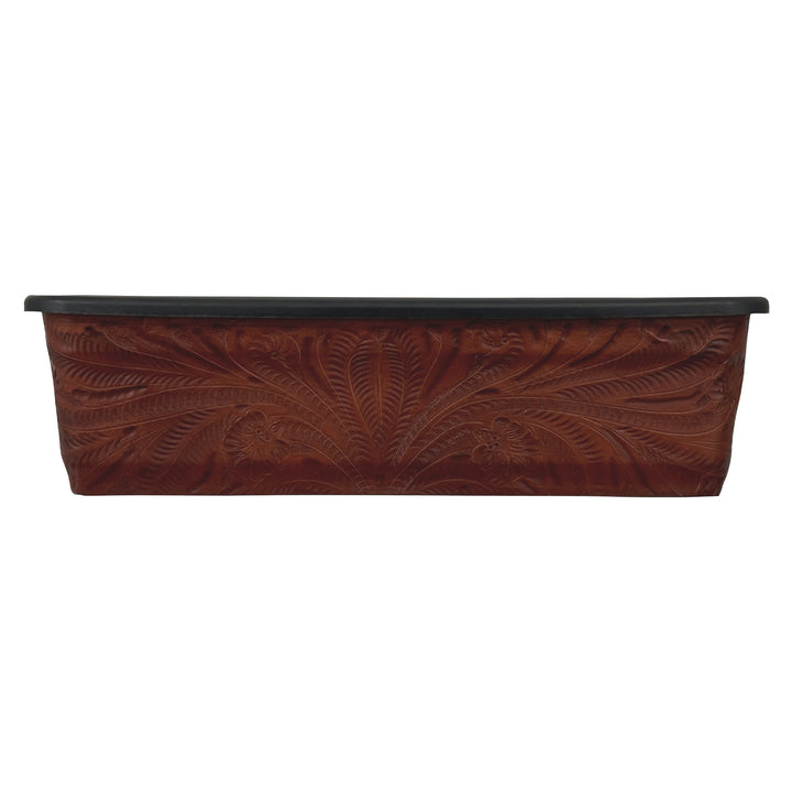 American West at Home eighteen inch rectangle planter in medium brown with hand tooled leather accents