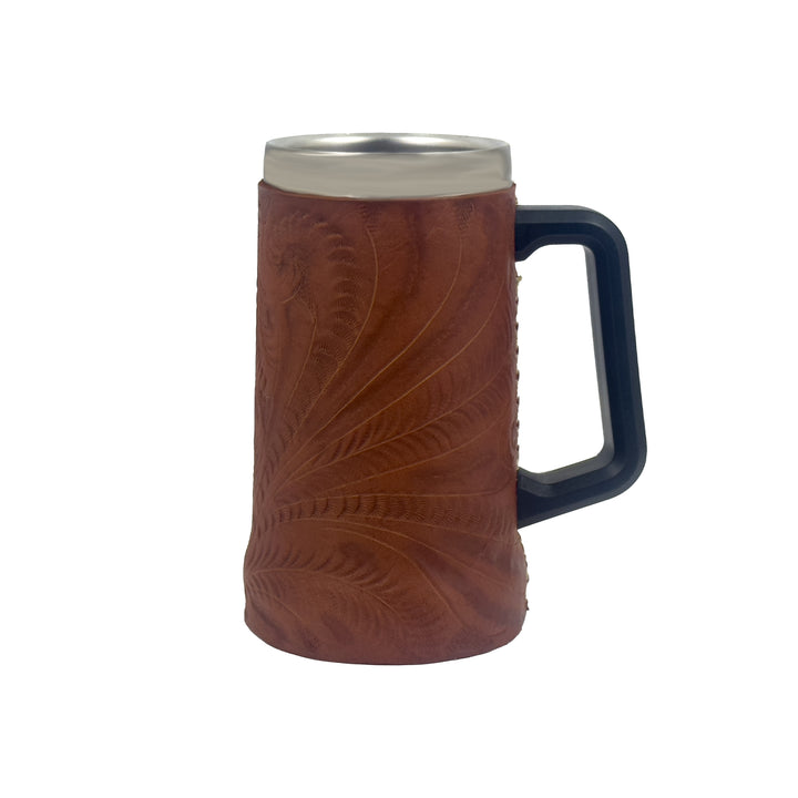 American West at Home insulated beer/beverage mug in medium brown with hand tooled leather accents