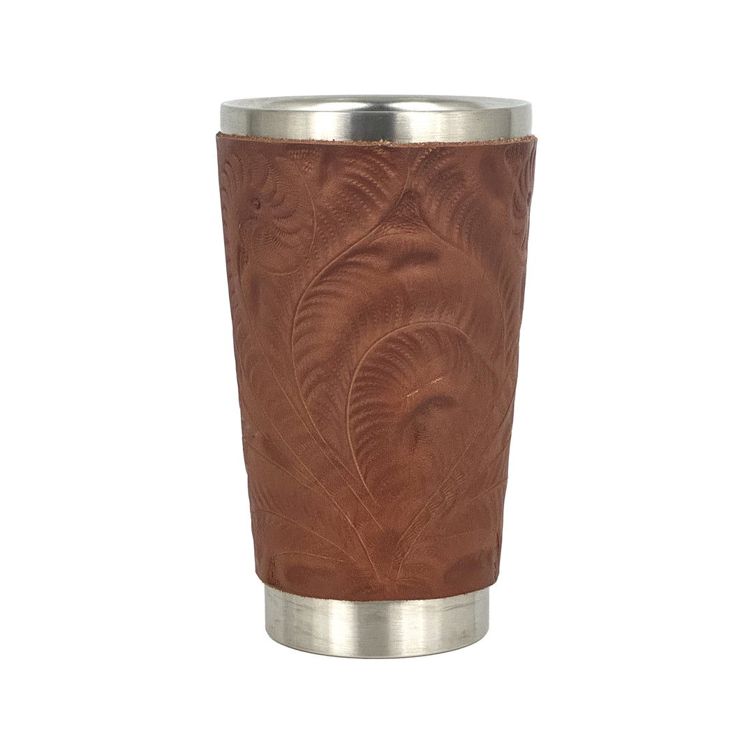 American West at Home insulated stainless steel cup in medium brown with hand tooled leather accents