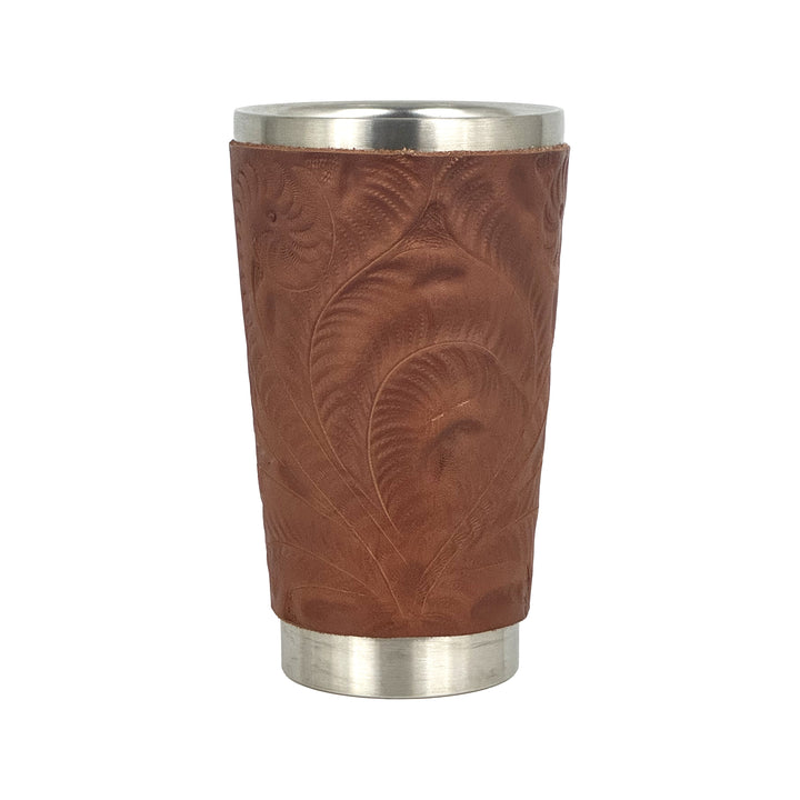 American West at Home insulated stainless steel cup in medium brown with hand tooled leather accents