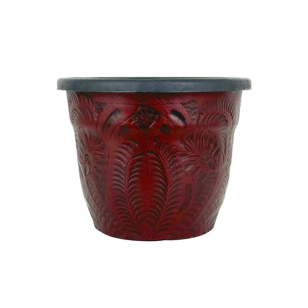 American West at Home six and a half inch round planter in crimson with hand tooled leather accents