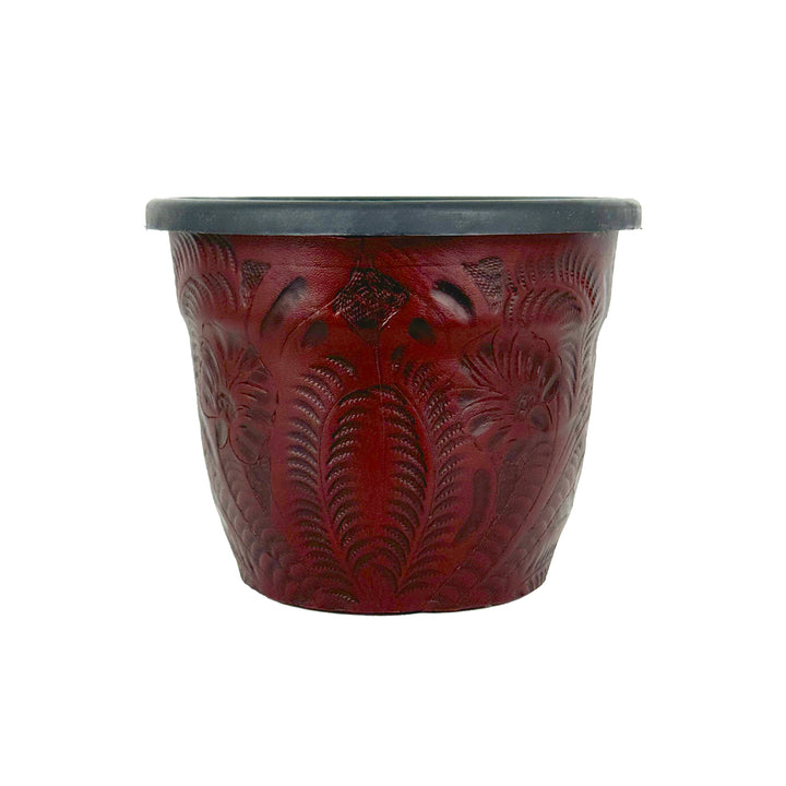 American West at Home six and a half inch round planter in crimson with hand tooled leather accents
