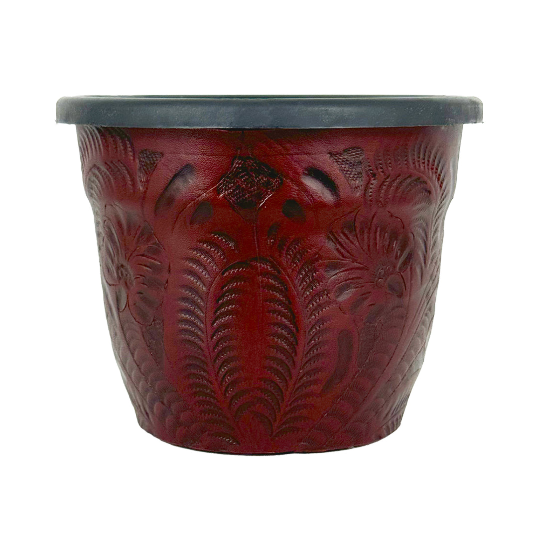 American West at Home round planter in light turquoise with hand tooled leather accents