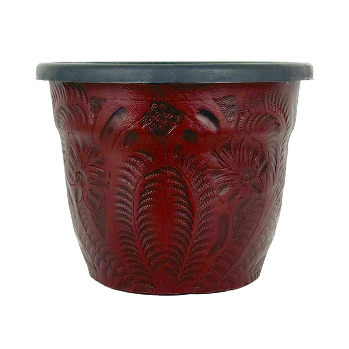 American West at Home round planter in light turquoise with hand tooled leather accents