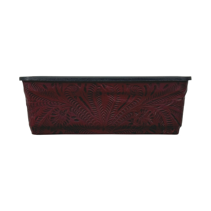 American West at Home fourteen inch rectangle planter in crimson with hand tooled leather accents