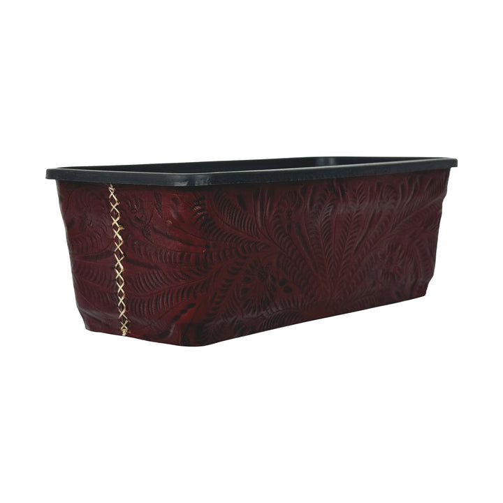 End view of American West at Home fourteen inch rectangle planter in crimson