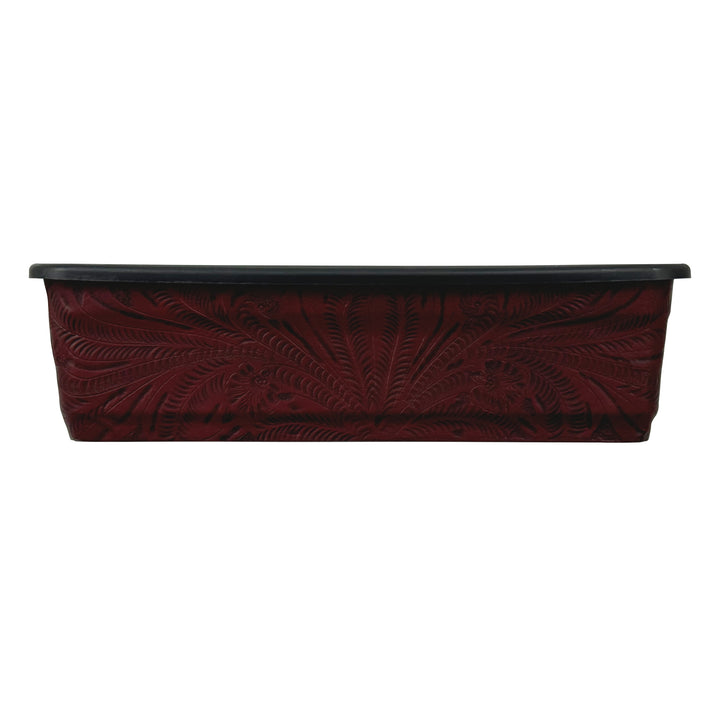 American West at Home eighteen inch rectangle planter in crimson with hand tooled leather accents