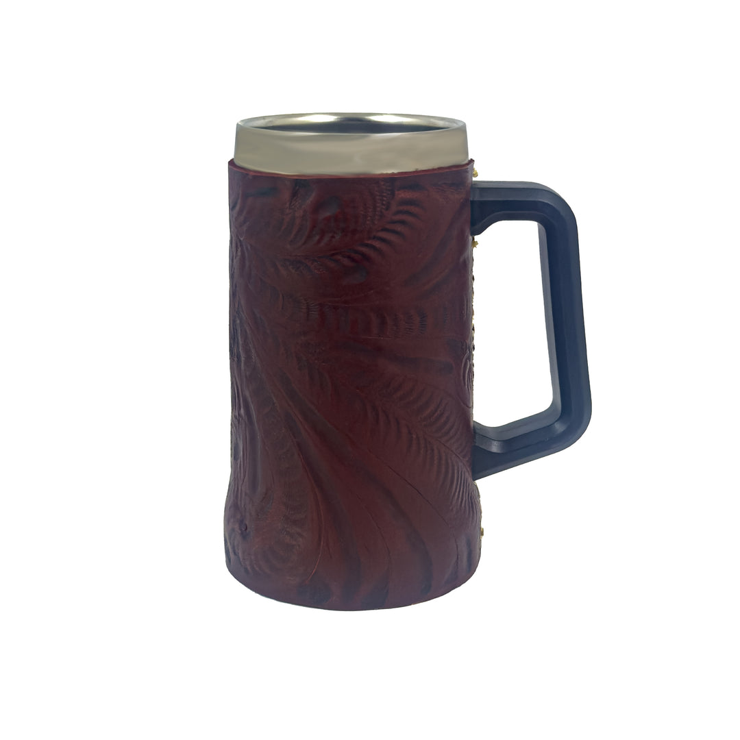 American West at Home insulated beer/beverage mug in crimson with hand tooled leather accents