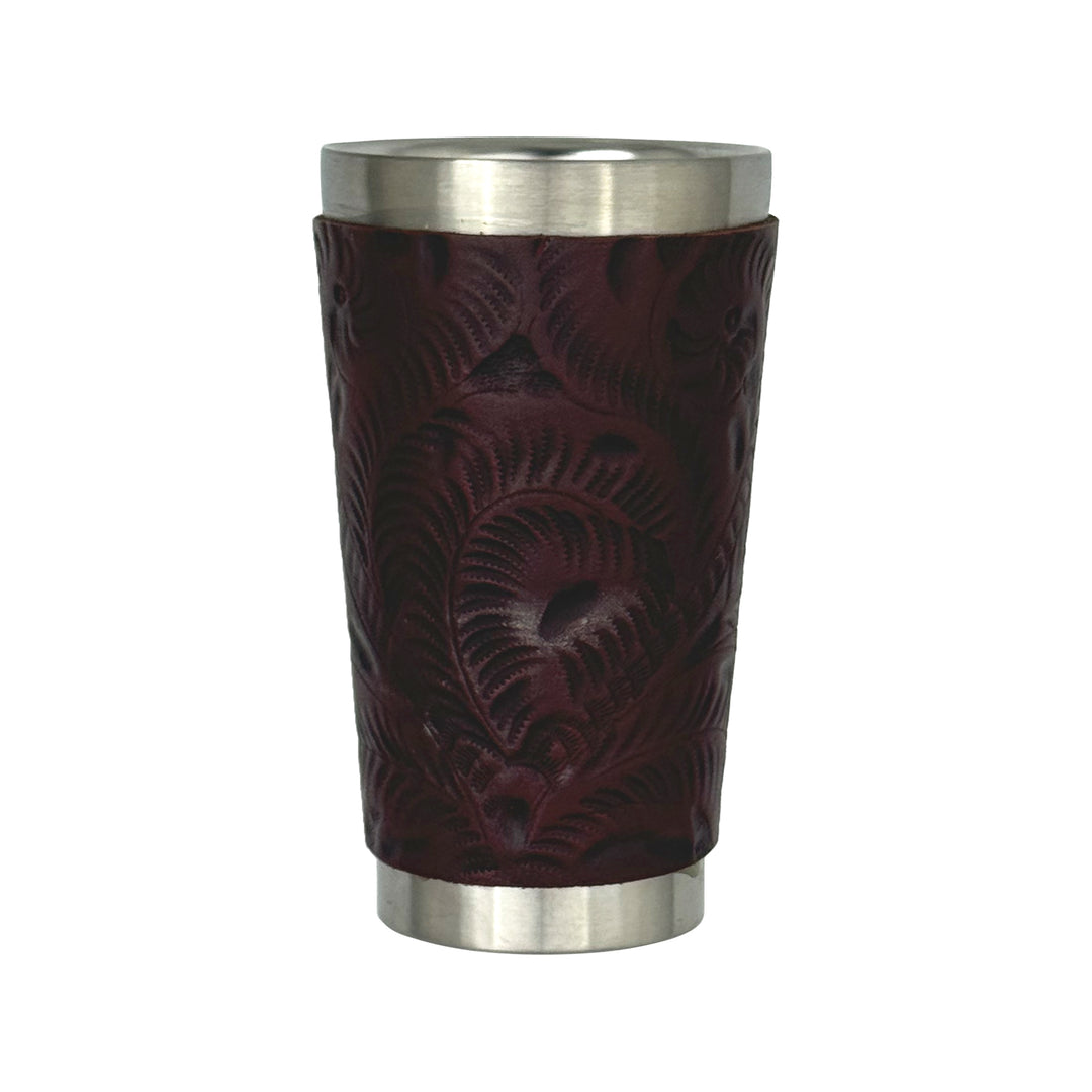 American West at Home insulated stainless steel cup in crimson with hand tooled leather accents
