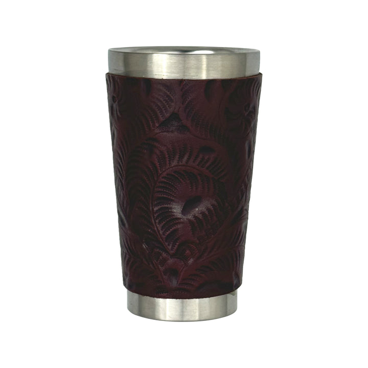 American West at Home insulated stainless steel cup in crimson with hand tooled leather accents