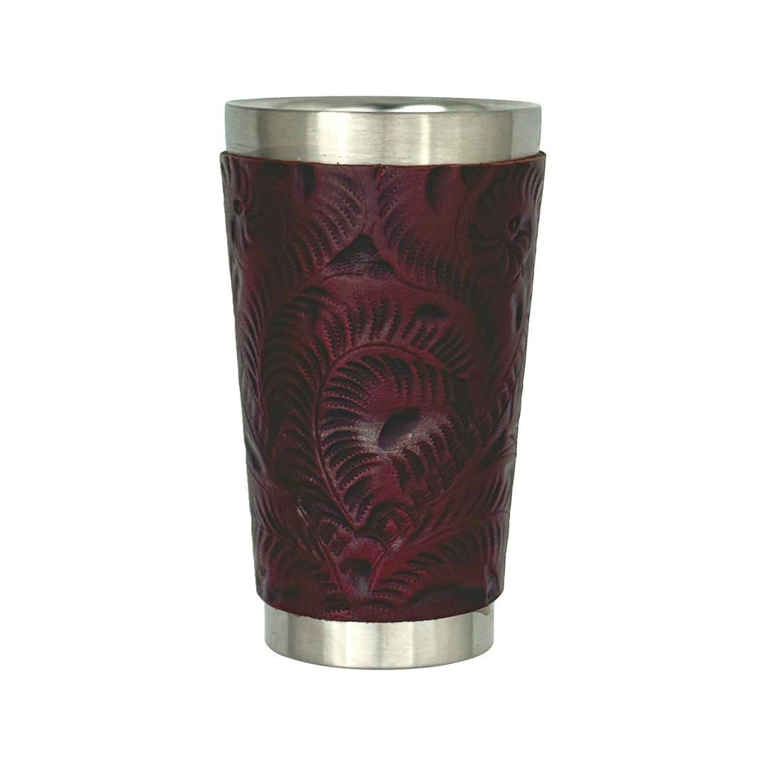 American West at Home insulated stainless steel cup in crimson with hand tooled leather accents