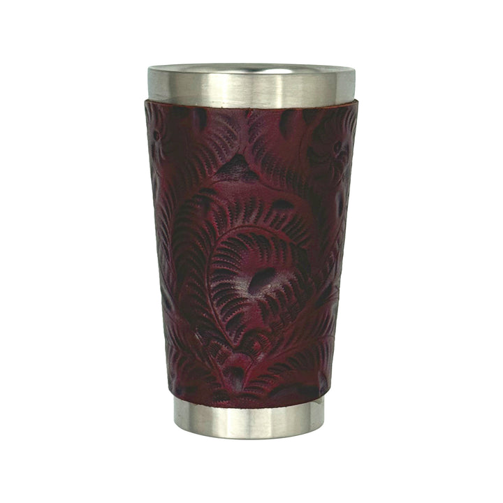 American West at Home insulated stainless steel cup in crimson with hand tooled leather accents