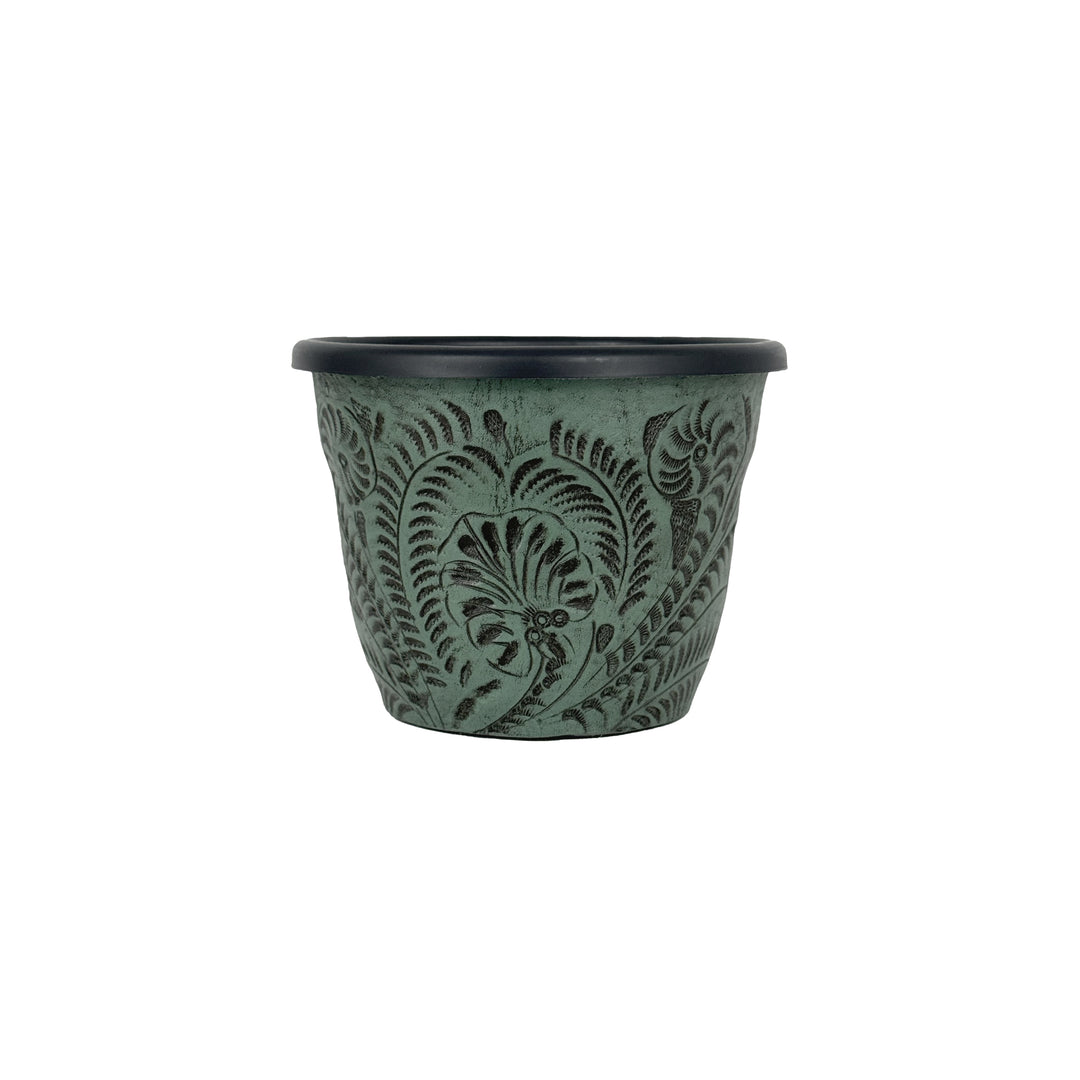American West at Home five and a half inch round planter in light turquoise with hand tooled leather accents