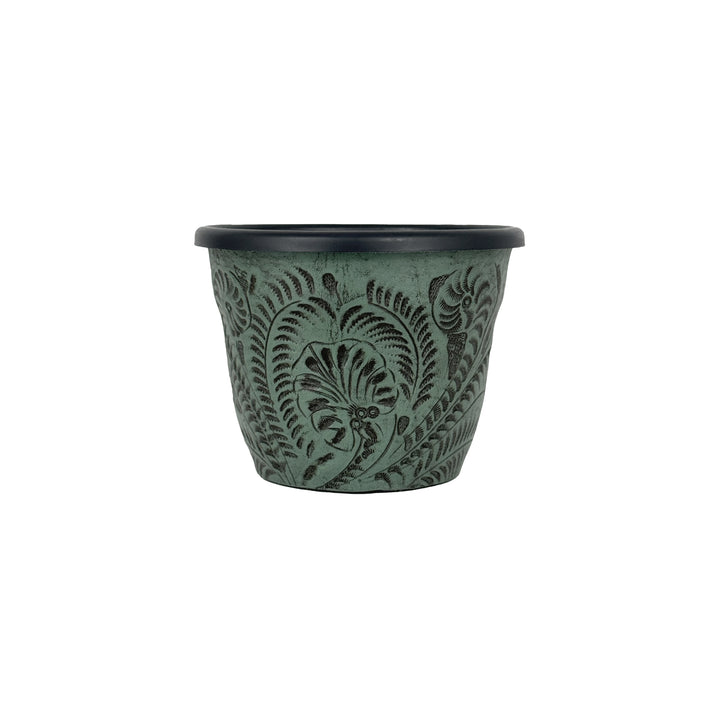 American West at Home five and a half inch round planter in light turquoise with hand tooled leather accents