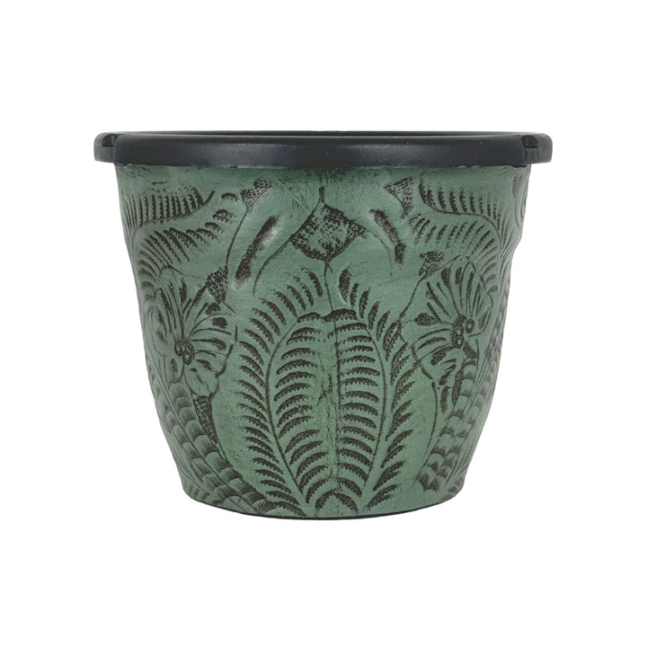 American West at Home six and a half inch round planter in light turquoise with hand tooled leather accents