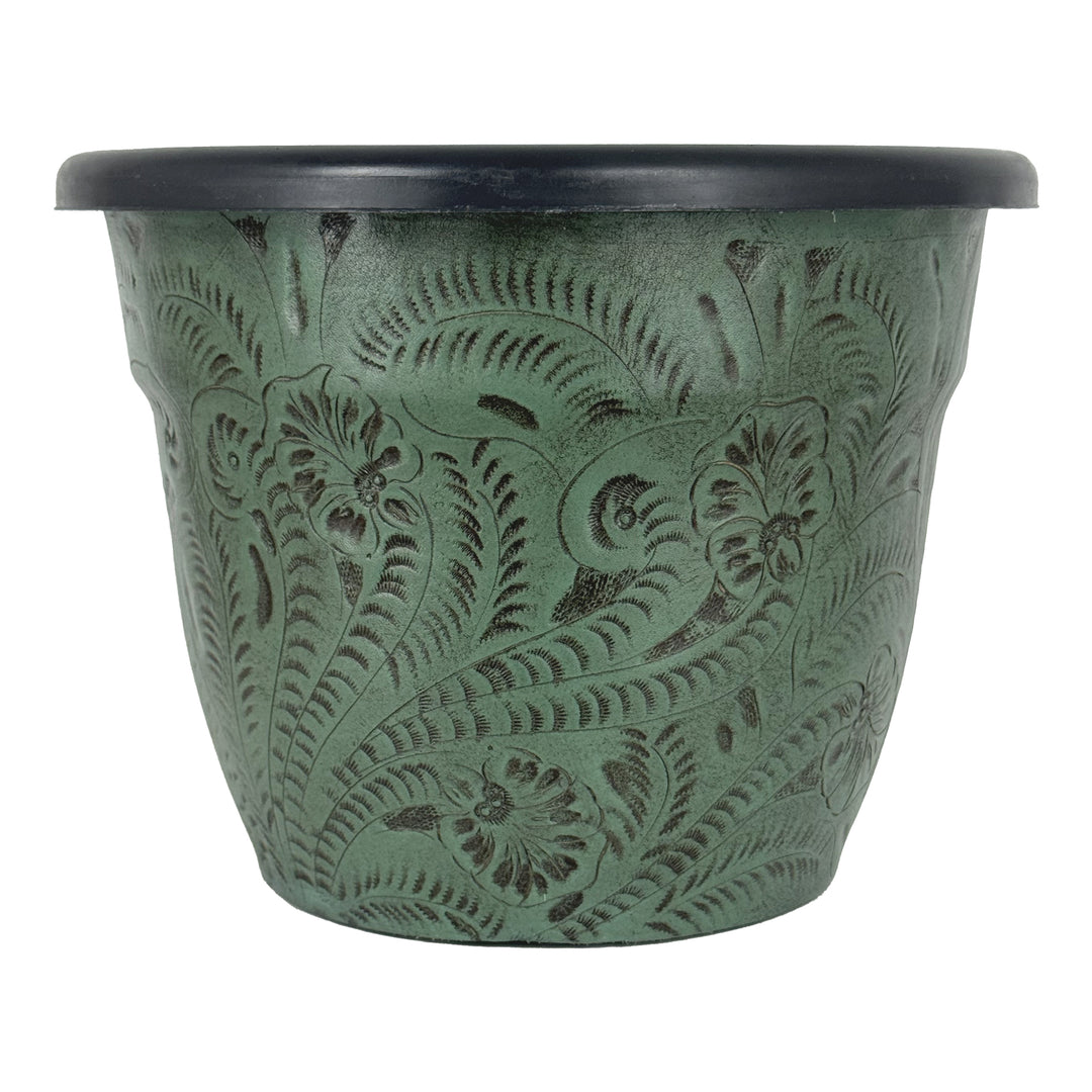 American West at Home ten inch round planter in crimson with hand tooled leather accents