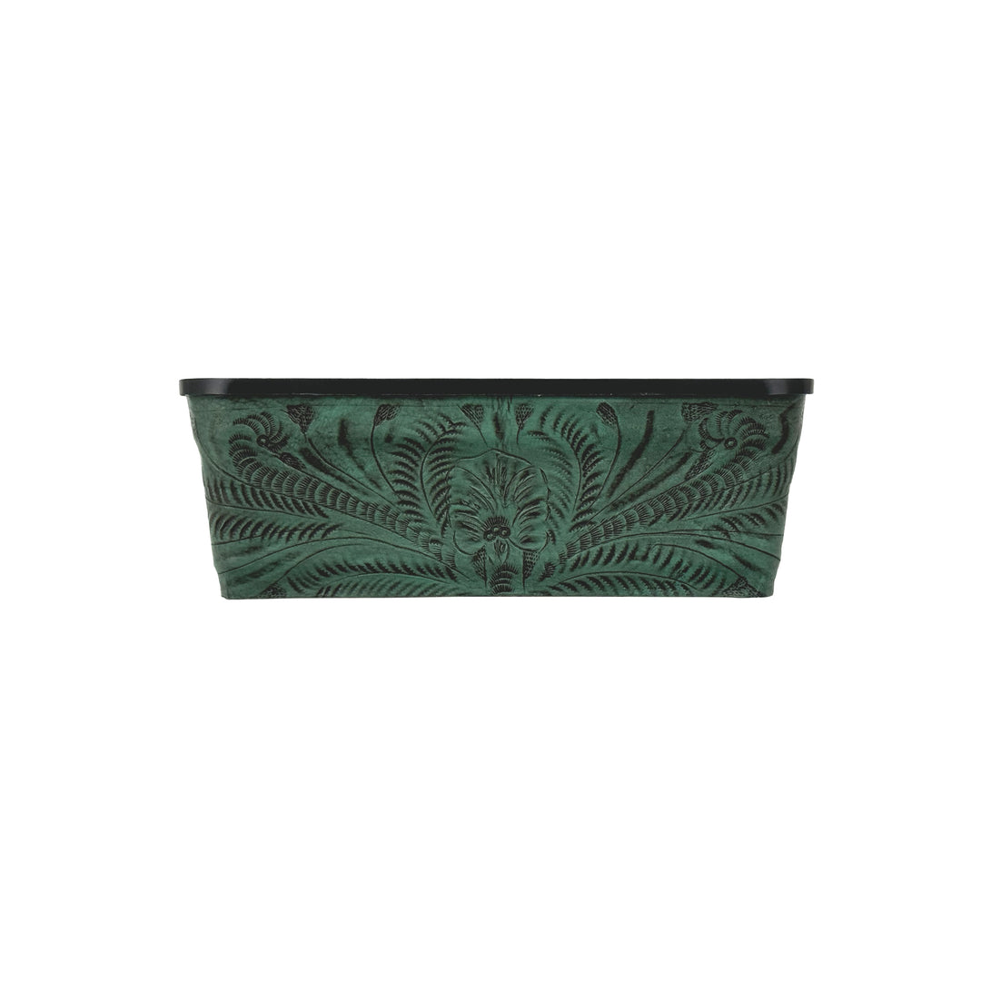 American West at Home ten inch rectangle planter in light turquoise with hand tooled leather accents