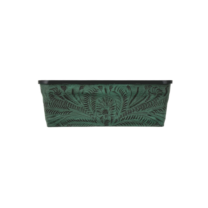 American West at Home ten inch rectangle planter in light turquoise with hand tooled leather accents