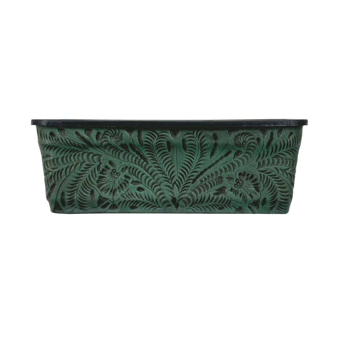 American West at Home fourteen inch rectangle planter in light turquoise with hand tooled leather accents