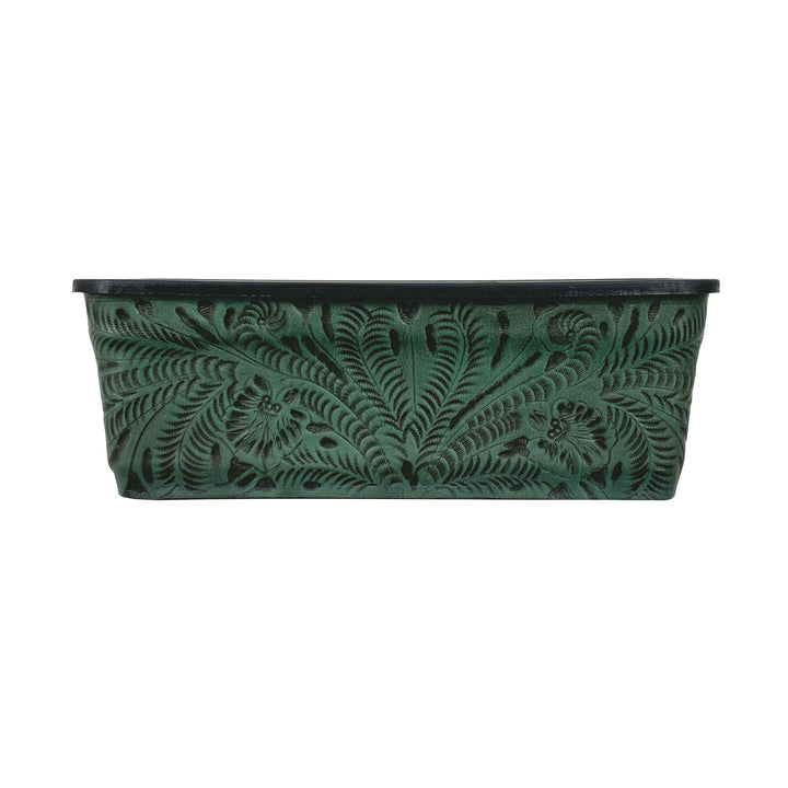 American West at Home fourteen inch rectangle planter in light turquoise with hand tooled leather accents
